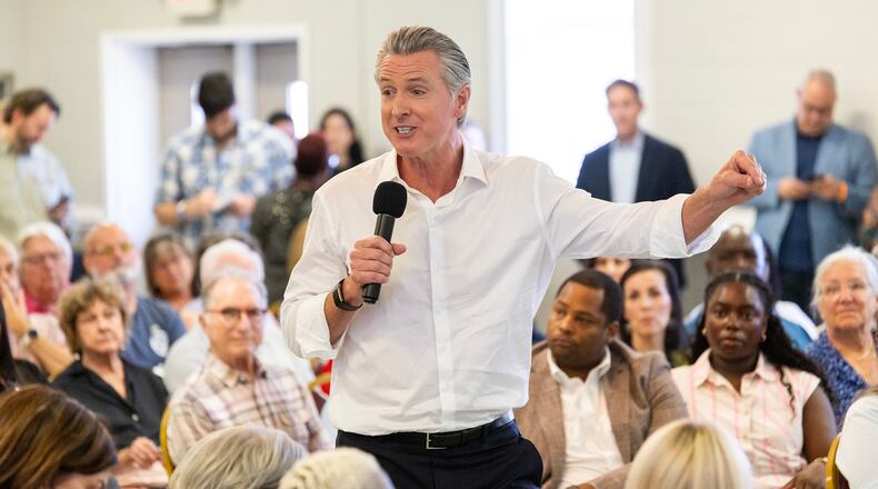 California Gov. Gavin Newsom speaks to supporters during a campaign event at the Brookland-Lakeview Empowerment Center, Friday, Sept. 4, 2026, in West Columbia, S.C. (AP Photo/Mic Smith)