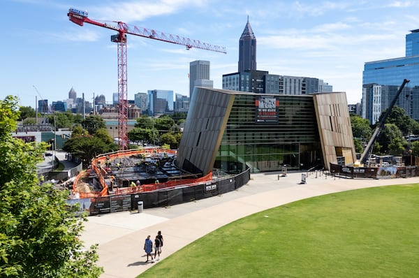 An aerial view of the Center for Civil and Human Rights in Atlanta undergoing construction on Thursday, July 11, 2024. (Seeger Gray / AJC)
