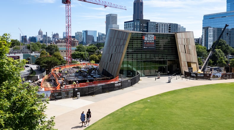 An aerial view of the Center for Civil and Human Rights in Atlanta undergoing construction on Thursday, July 11, 2024. (Seeger Gray / AJC)