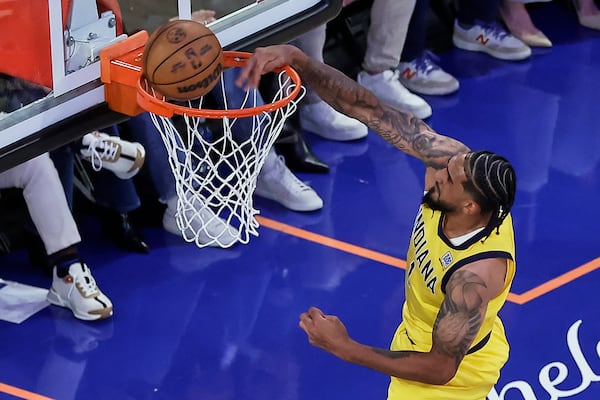Indiana Pacers forward Obi Toppin (1) misses a dunk against the New York Knicks during the second quarter of Game 1 of the NBA basketball Eastern Conference final, Wednesday, May 21, 2025, in New York. (AP Photo/Adam Hunger)