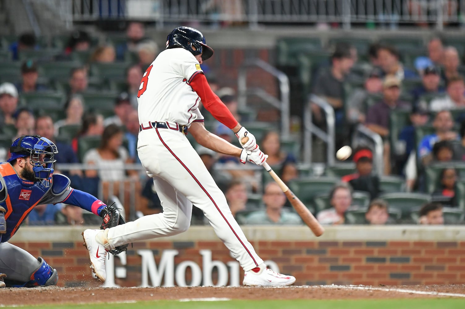 Atlanta Braves first base Matt Olson (28) hits a solo home run against the Mets in the seventh inning of a MLB game Wednesday, June 18, 2025 at Truist Park. (Daniel Varnado/For the Atlanta Journal-Constitution)