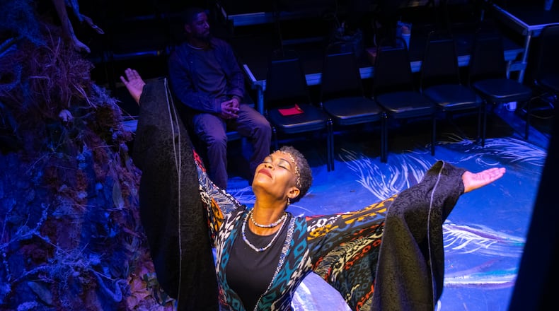 Dancer and musician Dorothy Bell-Polk performs in vibrant costumes from Dr. L. Nyrobi Moss in "True North" at 7 Stages through March 31.