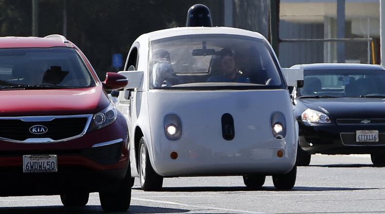A Google self-driving car travels eastbound on San Antonio Road in Mountain View, Calif., in an October 2015 file image. (Karl Mondon/Bay Area News Group/TNS)