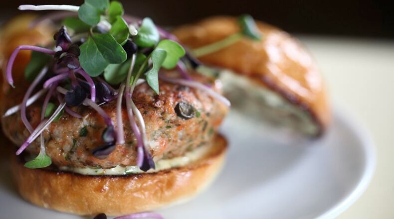 Chef Maria Hines' salmon and king oyster mushroom burger, making America great again with zero beef. (Sophia Nahli Allison/Seattle Times/TNS)