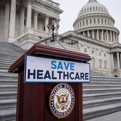 FILE - House Democrats prepare to speak on the steps of the Capitol to insist that Republicans include an extension of expiring health care benefits as part of a government funding compromise, in Washington, Sept. 30, 2025. (AP Photo/J. Scott Applewhite, File)