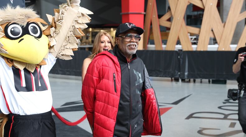 Henry Ison, photographed at Mercedes-Benz Stadium this week, began attending Falcons games in 1968 and has been a season-ticket holder since 1971. (AMB Sports & Entertainment photo)