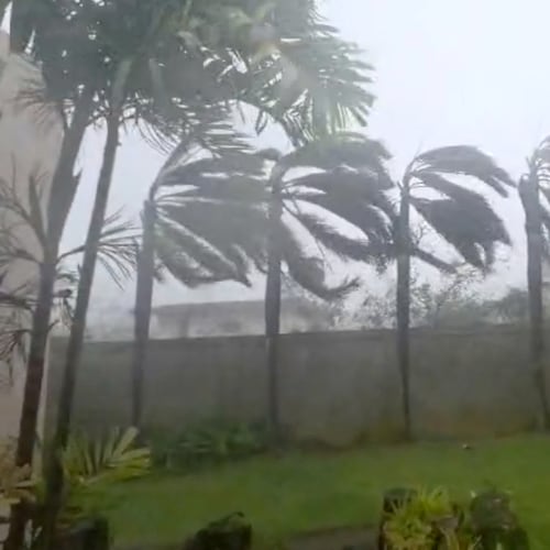 This image provided by Glen Hunter, shows high winds during a super typhoon on Tuesday, April 14, 2026 in the island of Saipan. (Glen Hunter via AP)