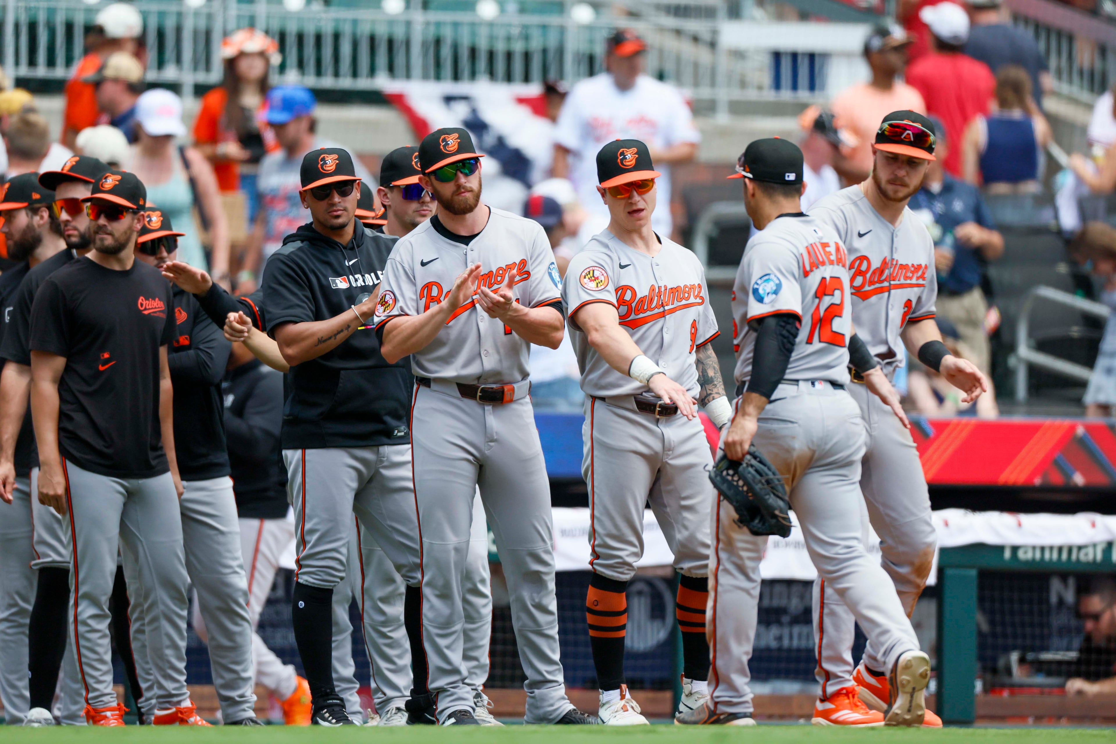 Baltimore Orioles players celebrate after defeating 2-1 to the Atlanta Braves at Truist Park on Sunday, July 6, 2025, in Atlanta.
(Miguel Martinez/ AJC)