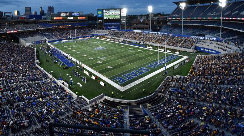 General view as the sun sets in the first half of Georgia State's 2018 home opener against Kennesaw State. (Hyosub Shin/hshin@ajc.com)