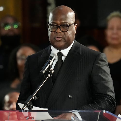 FILE - Democratic Republic of Congo President Felix-Antoine Tshisekedi Tshilombo speaks during the Homegoing Celebration of Life for the Rev. Jesse Jackson, March 7, 2026, at Rainbow PUSH Coalition headquarters in Chicago. (AP Photo/Erin Hooley, File)