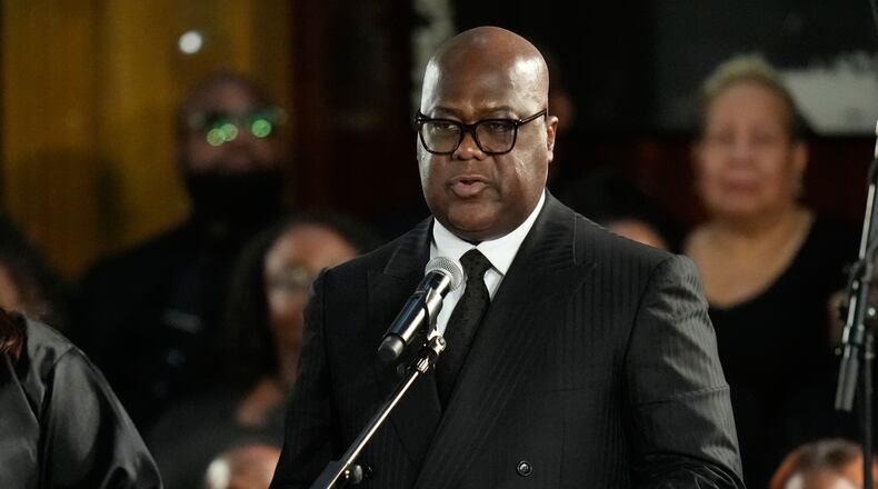 FILE - Democratic Republic of Congo President Felix-Antoine Tshisekedi Tshilombo speaks during the Homegoing Celebration of Life for the Rev. Jesse Jackson, March 7, 2026, at Rainbow PUSH Coalition headquarters in Chicago. (AP Photo/Erin Hooley, File)