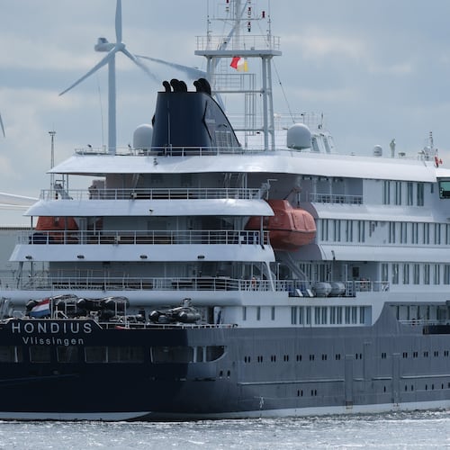The MV Hondius cruise ship arrives at the Port of Rotterdam, Netherlands, Monday, May 18, 2026. (AP Photo/Patrick Post)