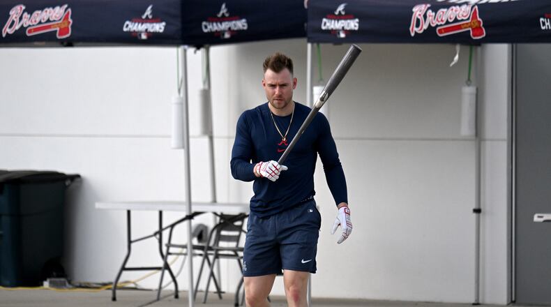 Atlanta Braves outfielder Jarred Kelenic prepares to take batting practice during the first of the Braves pitchers and catchers report to spring training at CoolToday Park, Wednesday, February 12, 2025, North Port, Florida. (Hyosub Shin / AJC)