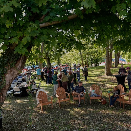 Family, friends, and supporters gather for the Beef Bash 2025 tasting event at the Berry Center, Saturday, Oct. 11, 2025, in New Castle, Ky. (AP Photo/Carolyn Kaster)
