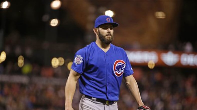Chicago Cubs starting pitcher Jake Arrieta walks to the dugout after pitching in the seventh inning of their baseball game against the San Francisco Giants Friday, May 20, 2016, in San Francisco. (AP Photo/Eric Risberg)
