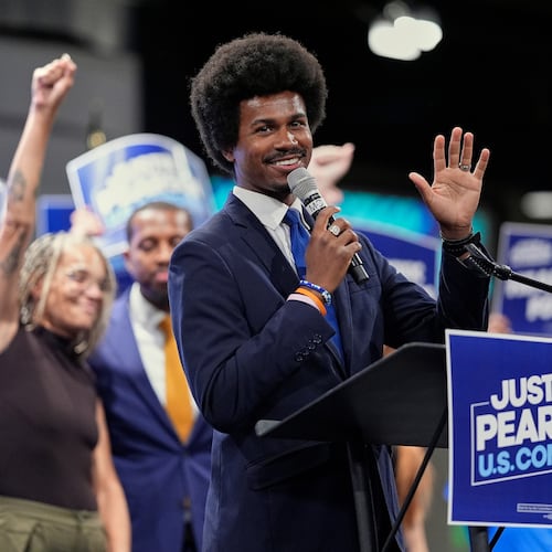 Democratic congressional candidate State Rep. Justin J. Pearson, D-Memphis, speaks during a campaign rally, Friday, July 17, 2026, in Memphis, Tenn. (AP Photo/George Walker IV)