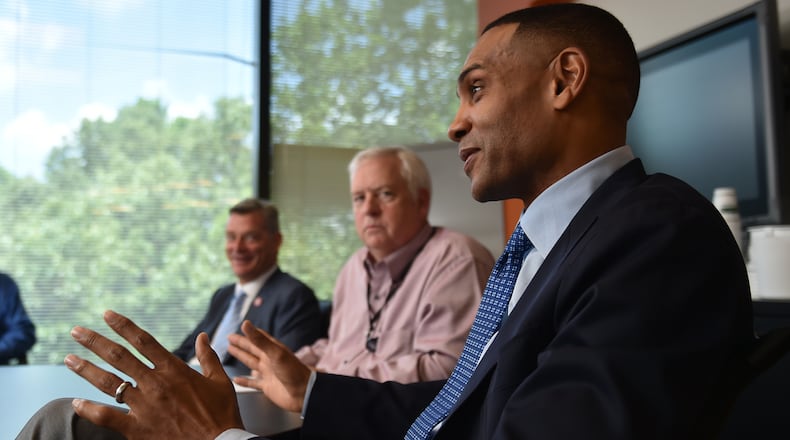 June 25, 2105 Atlanta: The Atlanta Hawks new principal owner Tony Ressler and partner Grant Hill, pictured, met with Atlanta Journal Constitution editors, managers and reporters Thursday June 25, 2015. BRANT SANDERLIN/BSANDERLIN@AJC.COM