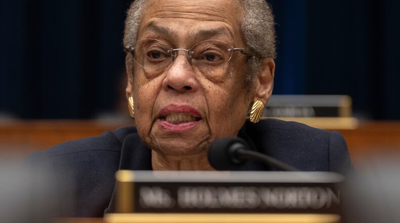 FILE - Del. Eleanor Holmes Norton, D-D.C., speaks during a hearing of the Aviation Subcommittee of the House Transportation and Infrastructure Committee on Capitol Hill, Dec. 16, 2025, in Washington. (AP Photo/Mark Schiefelbein, File)