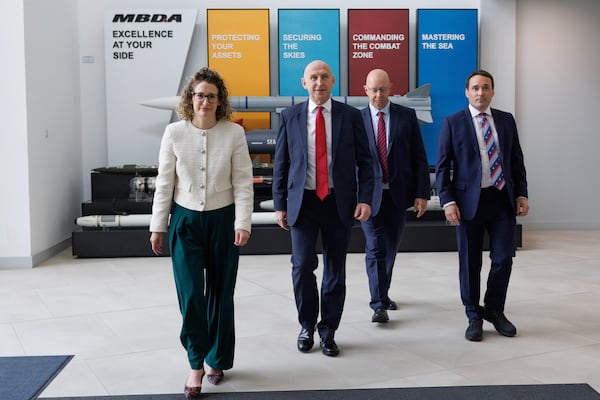 Britain's Defence Secretary John Healey, second left, visits the MDBA Storm Shadow factory in Stevenage, England, Saturday May 31, 2025. (Dan Kitwood/Pool via AP)