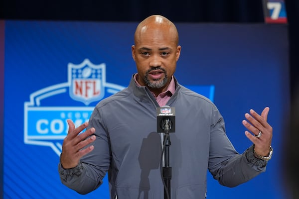 FILE - Atlanta Falcons general manager Terry Fontenot speaks during a press conference at the NFL football scouting combine in Indianapolis, Tuesday, Feb. 25, 2025. (AP Photo/Michael Conroy, File)
