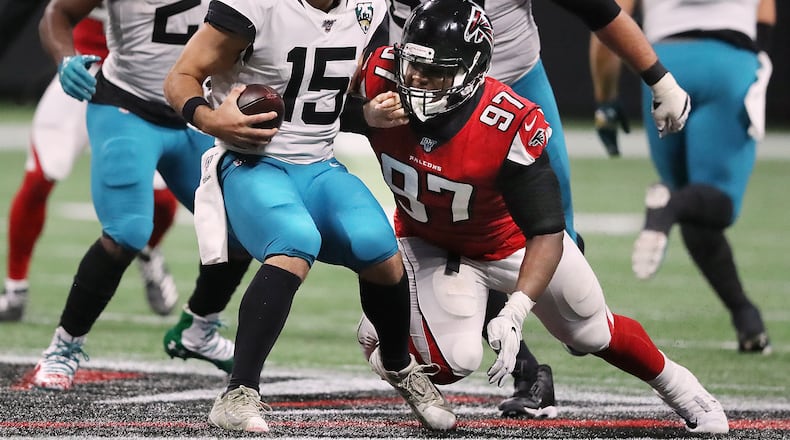 Falcons defensive tackle Grady Jarrett sacks Jacksonville Jaguars quarterback Gardner Minshew. Curtis Compton/ccompton@ajc.com