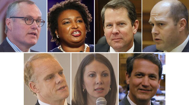 The candidates from the major parties now running for governor are, from left, top row, Republican Lt. Gov. Casey Cagle, former state House Democratic leader Stacey Abrams, Republican Georgia Secretary of State Brian Kemp, former Republican state Sen. Hunter Hill, bottom row, Republican businessman Clay Tippins, former Democratic state Rep. Stacey Evans; and Republican state Sen. Michael Williams.