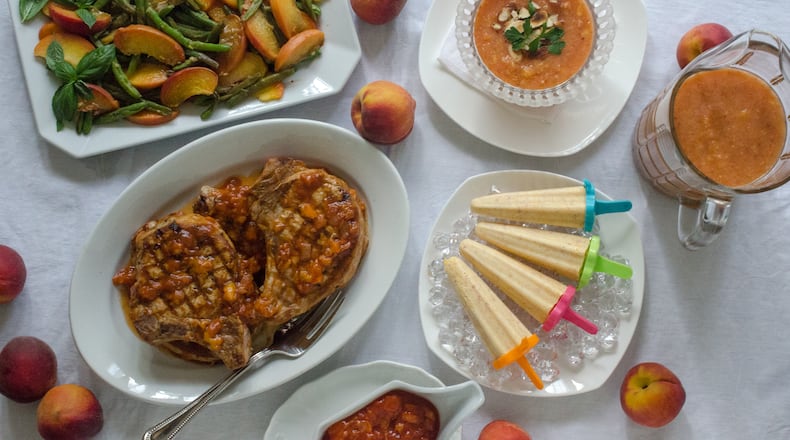 Summer peach dishes include (clockwise, from lower left) Grilled Pork Chops with Ginger Peach Barbecue Sauce, Green Beans with Buttery Peaches, Peach Gazpacho, and Dreamy Peach Ice Pops. (Virginia Willis for The Atlanta Journal-Constitution)
