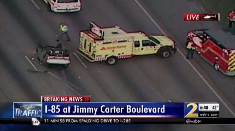 A crash caused heavy delays on I-85 South at Jimmy Carter Boulevard. (Credit: Channel 2 Action News)