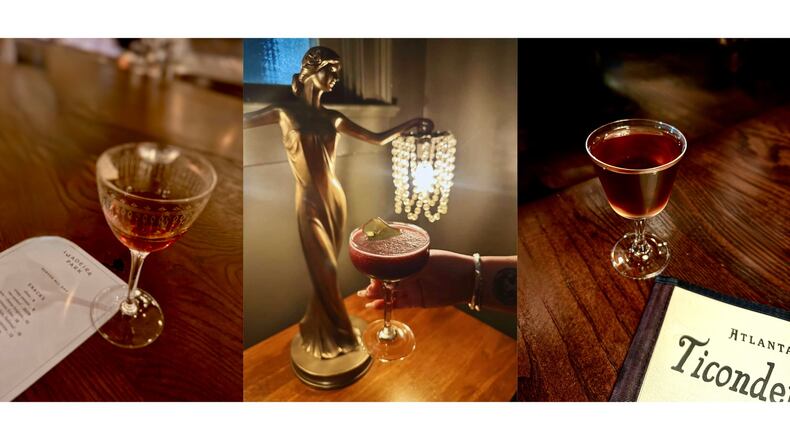 From left: The Toronto cocktail from Madeira Park (Angela Hansberger for The Atlanta Journal-Constitution); Midnight Bliss at Marietta’s the Third Door (Courtesy of the Third Door/Scion Garcia); and the Ghost Ship at Ticonderoga Club (Angela Hansberger for The Atlanta Journal-Constitution).
