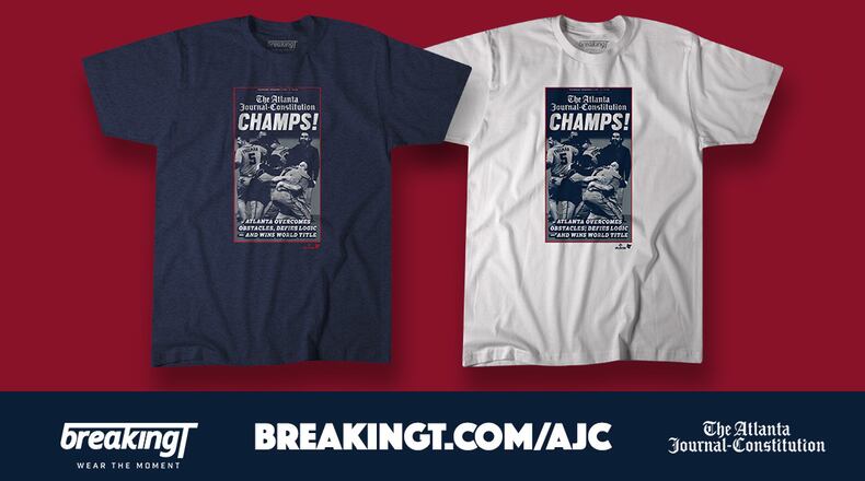 Now you can wear your Braves pride with this officially licensed shirt showing The Atlanta Journal-Constitution's "Champs" front page.