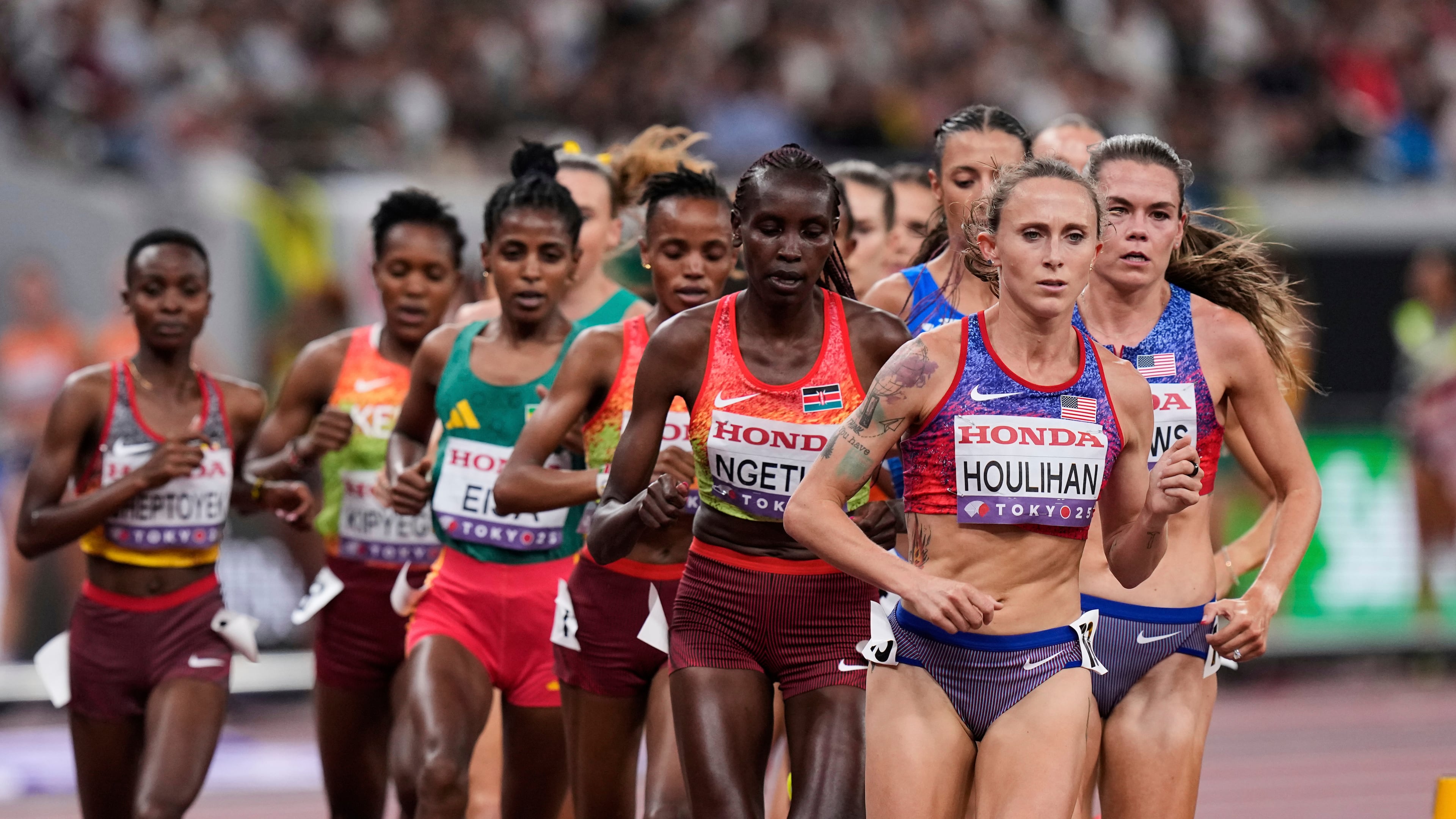 United States' Shelby Houlihan competes in the women's 5,000 meters final at the World Athletics Championships in Tokyo, Saturday, Sept. 20, 2025. (AP Photo/Eugene Hoshiko)