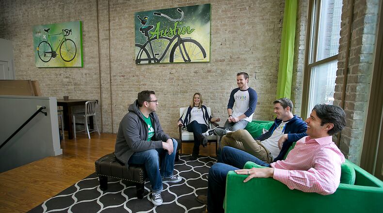 (USE THIS PHOTO AS LEAD) Rob Taylor, far right, CEO of Pivot Freight with the current staff of his company in their downtown offices in Austin Techstars. Also pictured are from L-R: Dan Bebout, President, Jenny Bebout, CXO, Carson Krieg, COO, and Dane Francis, Business Development. Pivot Freight is an Austin startup that secured funding in the last quarter of 2014 for $2.8 million to add staff as Venture capitalists invested $620.6 million in Austin companies in 2014, a 40 percent jump over the previous year. 
RALPH BARRERA/ AMERICAN-STATESMAN