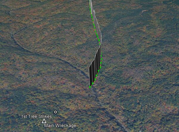 A diagram provided by the NTSB shows the aircraft's path through a tracking system as well as its first tree strikes and the main wreckage site. (Courtesy of the NTSB)