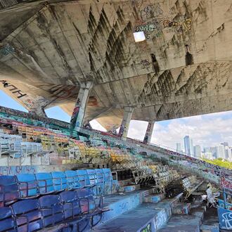 A concrete roof cantilevers over the Miami Marine Stadium on Tuesday, Aug. 11, 2026, in Miami. (AP Photo/David Fischer)