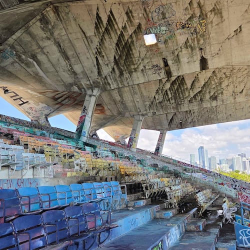 A concrete roof cantilevers over the Miami Marine Stadium on Tuesday, Aug. 11, 2026, in Miami. (AP Photo/David Fischer)