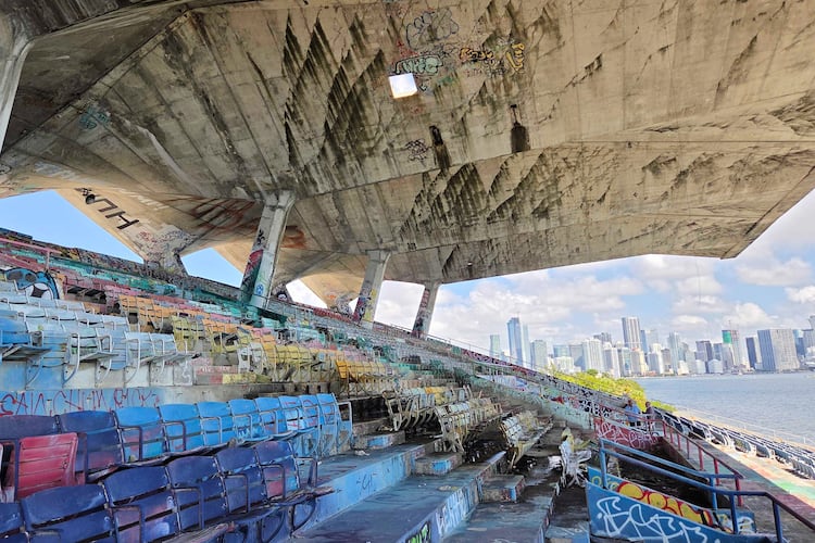 A concrete roof cantilevers over the Miami Marine Stadium on Tuesday, Aug. 11, 2026, in Miami. (AP Photo/David Fischer)