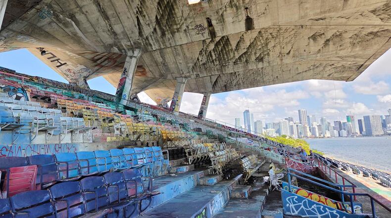 A concrete roof cantilevers over the Miami Marine Stadium on Tuesday, Aug. 11, 2026, in Miami. (AP Photo/David Fischer)