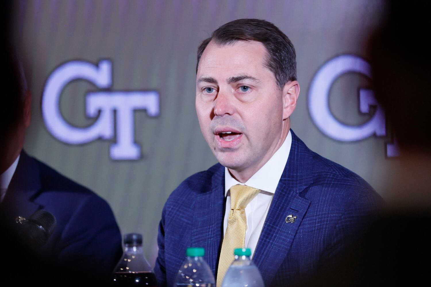New Georgia Tech athletic director J Batt addresses the media during his introductory news conference Monday. (Miguel Martinez / miguel.martinezjimenez@ajc.com)