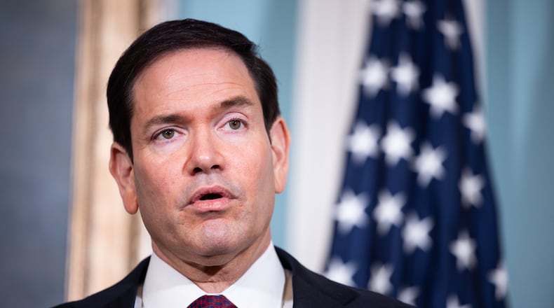 Secretary of State Marco Rubio speaks alongside Paraguay's Vice President Pedro Alliana (not pictured), in the Treaty Room at the State Department, Tuesday, Aug. 4, 2026, in Washington. (AP Photo/Tierney L. Cross)