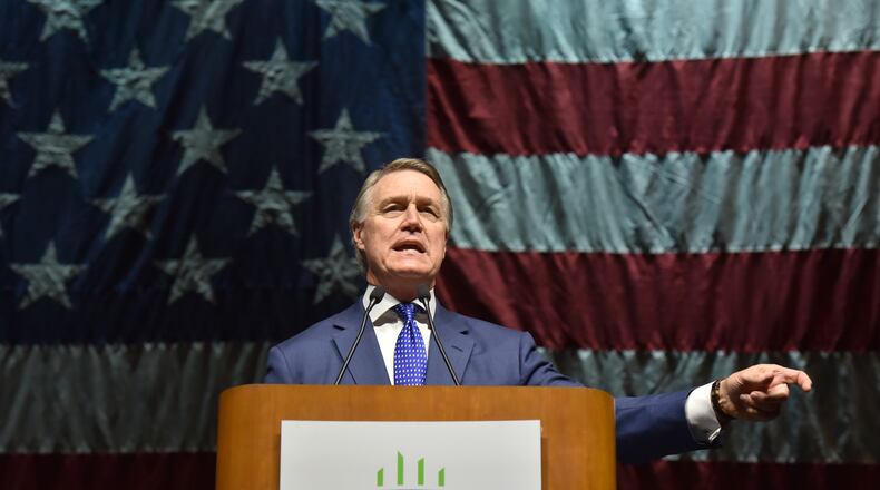 U.S. Sen. David Perdue speaks to conservative activists during the Georgia GOP state convention in Savannah on May 18, 2019. HYOSUB SHIN / HSHIN@AJC.COM