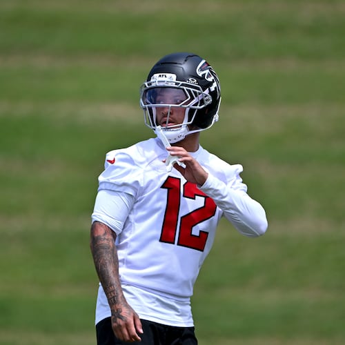 Falcons rookie cornerback Avieon Terrell warms up during minicamp at the team’s training facility on Friday, May 8, 2026, in Flowery Branch. (Hyosub Shin/AJC)