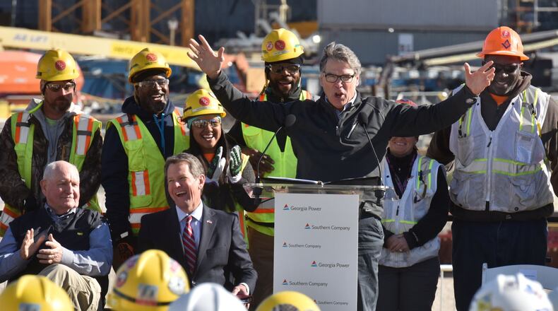 March 22, 2019 Waynesboro - U.S. Energy Secretary Rick Perry speaks during a press event at the construction site of two new reactors at Plant Vogtle in Waynesboro. The Energy Department approved up to $3.7 billion in additional loan guarantees for the project. HYOSUB SHIN / HSHIN@AJC.COM