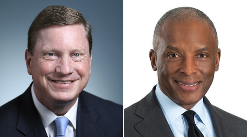 Thomas Fanning, left, is stepping down as executive chairman of Southern Company. Chris Womack, who currently leads the company as its CEO and president will take over as chairman Jan. 1. (James Schnepf & Contributed)