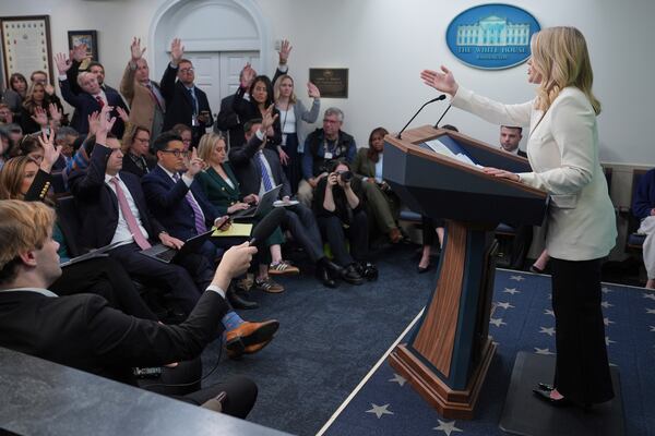 White House press secretary Karoline Leavitt speaks with reporters in the James Brady Press Briefing Room at the White House, Tuesday, April 8, 2025, in Washington. (AP Photo/Evan Vucci)
