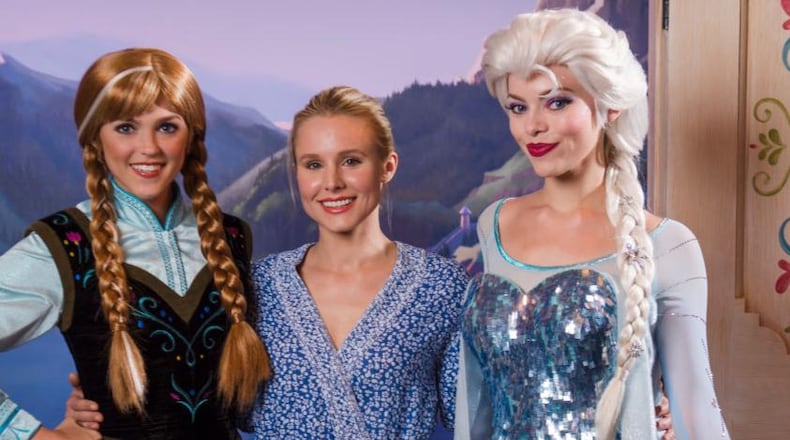 LAKE BUENA VISTA, FL - SEPTEMBER 07: In this handout photo provided by Disney Parks, Actress Kristen Bell visits Anna and Elsa of Disney's "Frozen," Thursday, September 7, 2017, in the Norway pavilion at Epcot at Walt Disney World Resort in Lake Buena Vista, Florida. (Photo by Steven Diaz/Disney Parks via Getty Images)