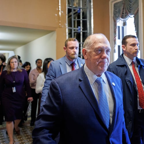 White House border czar Tom Homan exits a closed-door meeting with members of the U.S. Senate on Capitol Hill on Thursday, March 19, 2026, in Washington. (AP Photo/Tom Brenner)