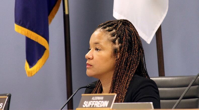 FILE - In this Nov. 25, 2019 file photo, Alderman Robin Rue Simmons, 5th Ward, proposes a reparations fund during a City Council meeting in Evanston, lll. (Genevieve Bookwalter/Chicago Tribune via AP,File)
