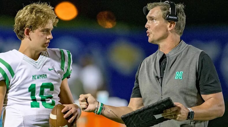 Nelson Stewart, right, was named Westminster's football coach on Jan. 16, 2025. Stewart was head coach for 19 seasons at Isidore Newman, the New Orleans private school whose quarterback from 2019 through 2022 was Arch Manning (left), who is now at the University of Texas.