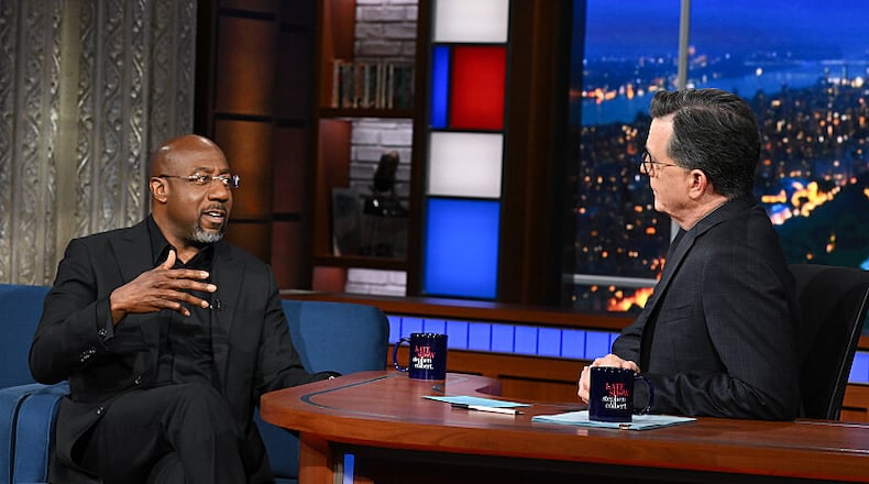 Sen. Raphael Warnock was a guest on "The Late Show with Stephen Colbert" on Thursday, April 17, 2025. “Hope is everything,” the Georgia senator said. “And when you lose hope, you stop fighting.” (Scott Kowalchyk/CBS Broadcasting Inc.)