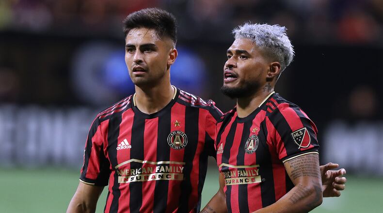 August 14, 2019 Atlanta: Atlanta United players Pity Martinez and Josef Martinez confer during the match against Club America in the Campeones Cup on Wednesday, August 14, 2019, in Atlanta. Curtis Compton/ccompton@ajc.com